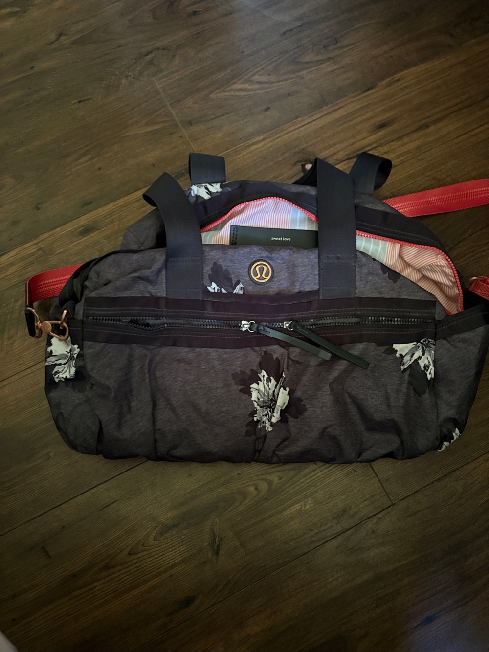 lululemon athletica Gray Floral Duffel Bag with Red Strap